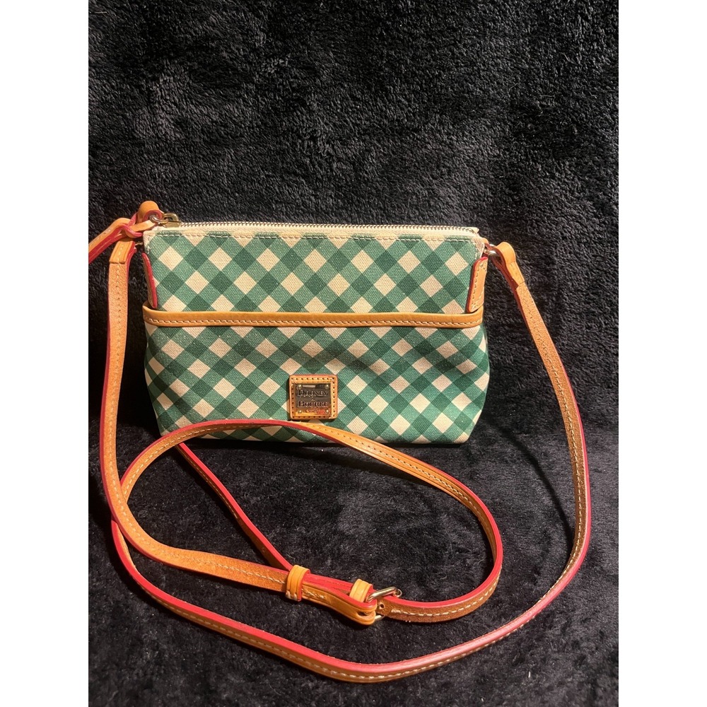 Vintage Dooney & Bourke Green and White Cotton Gingham Crossbody Purse Pouchette